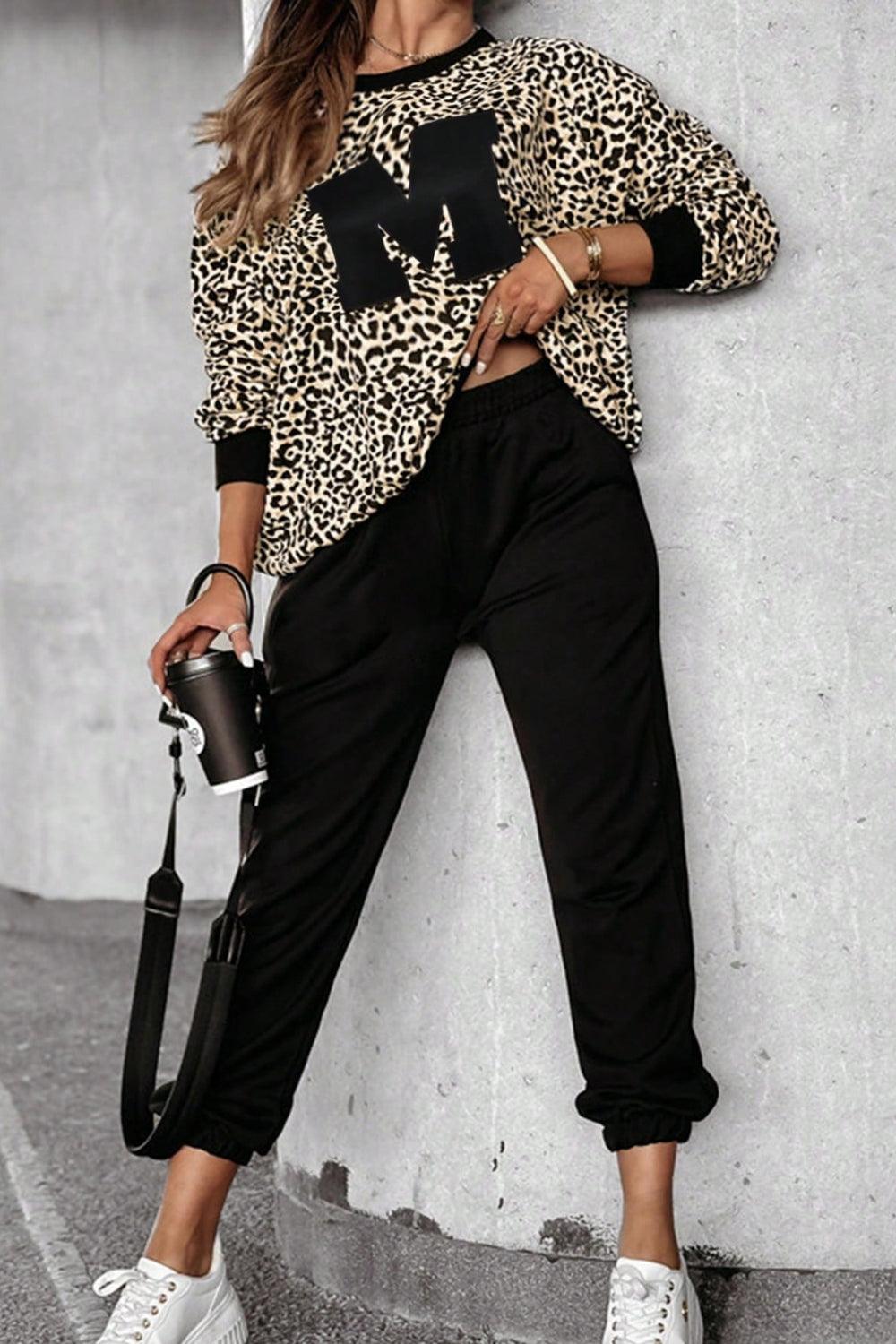 Letter M Leopard Round Neck Top and Pants Set for Women