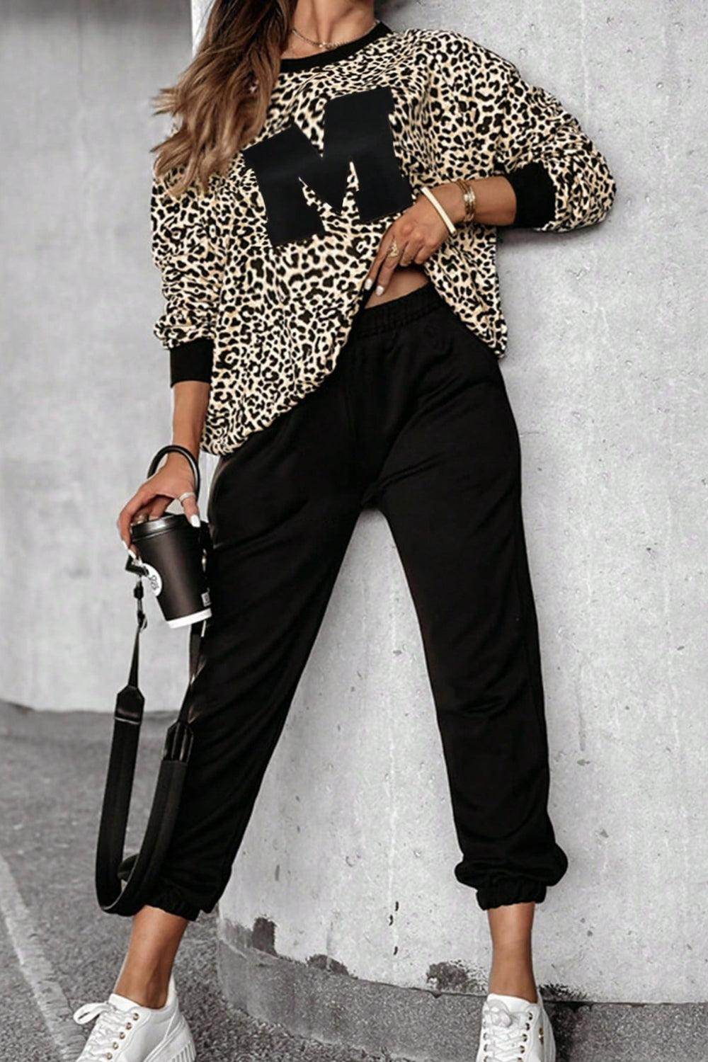 Letter M Leopard Round Neck Top and Pants Set for Women - Selvanelle