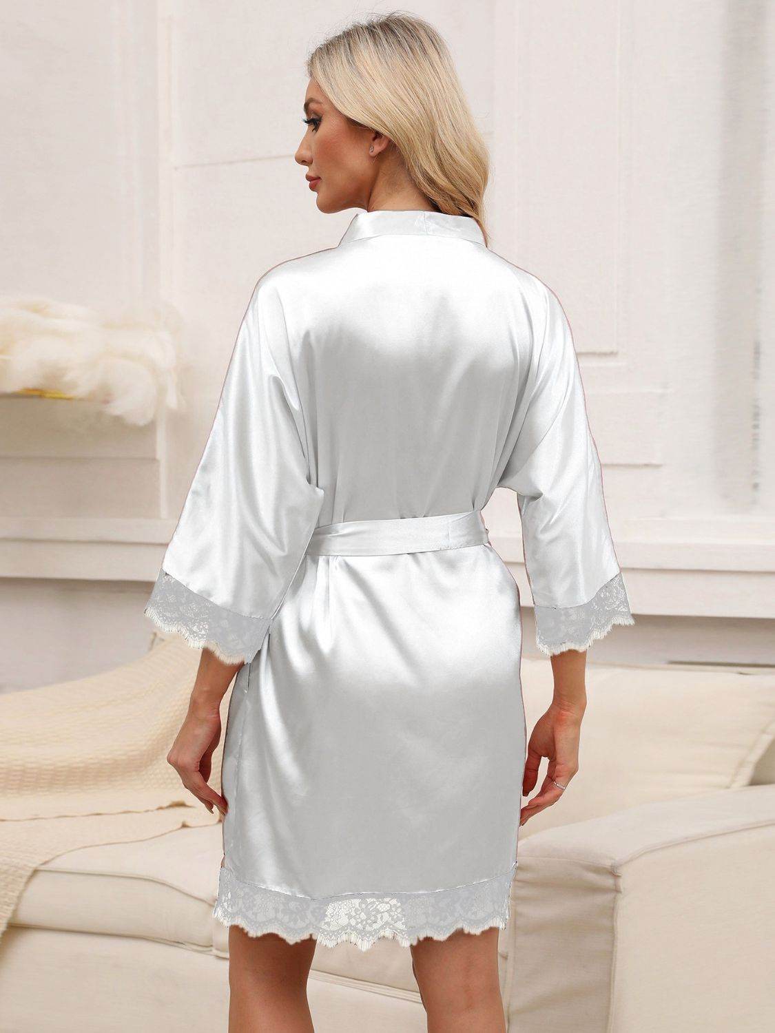 Tied Lace Detail Three-Quarter Sleeve Lounge Nightgown - Selvanelle