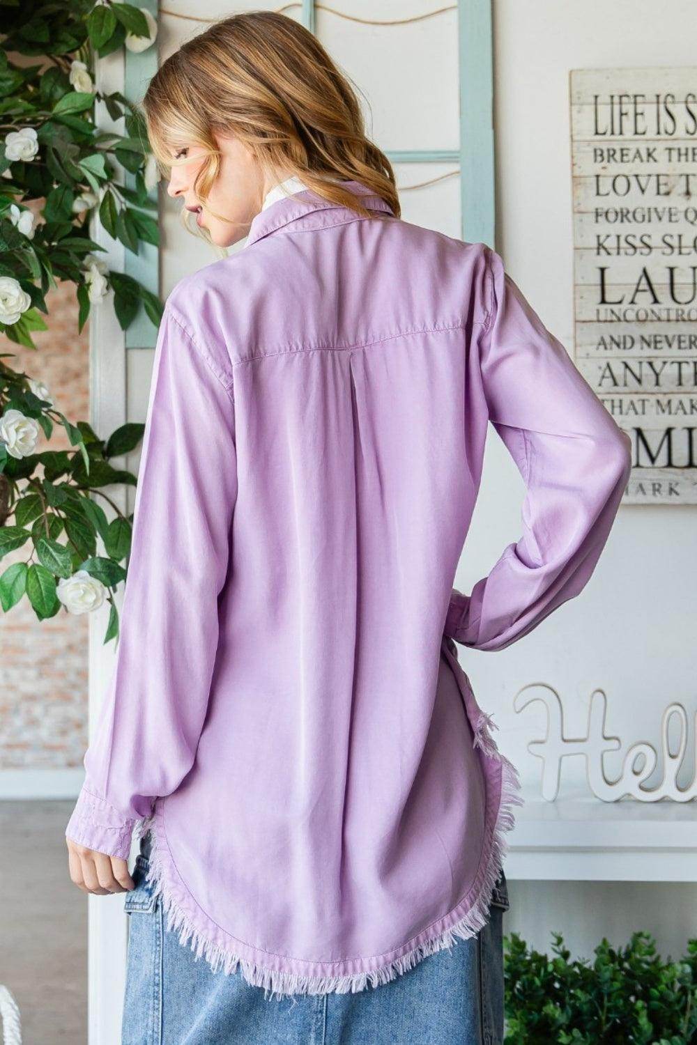 Veveret Raw Hem Button Up Long Sleeve Shirt for Women - Selvanelle