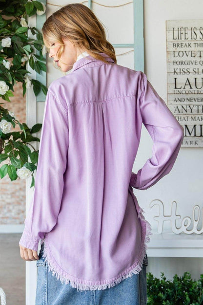 Veveret Raw Hem Button Up Long Sleeve Shirt for Women - Selvanelle