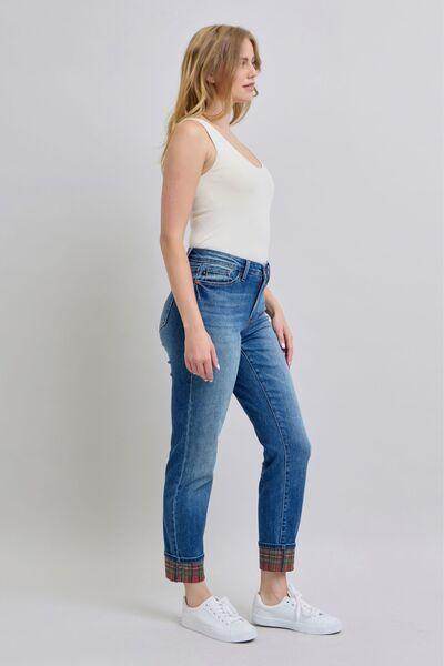 Judy Blue Full Size Plaid Print Cuff Straight Leg Jeans - Selvanelle