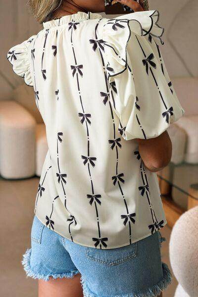 Bow Print Tie Neck Short Sleeve Blouse for Women - Selvanelle