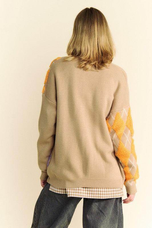 Davi & Dani Argyle V-Neck Dropped Shoulder Cardigan Style - Selvanelle