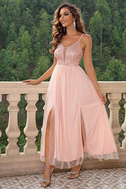 Spaghetti Strap Slit Mesh Dress for Elegant Evening Wear - Selvanelle