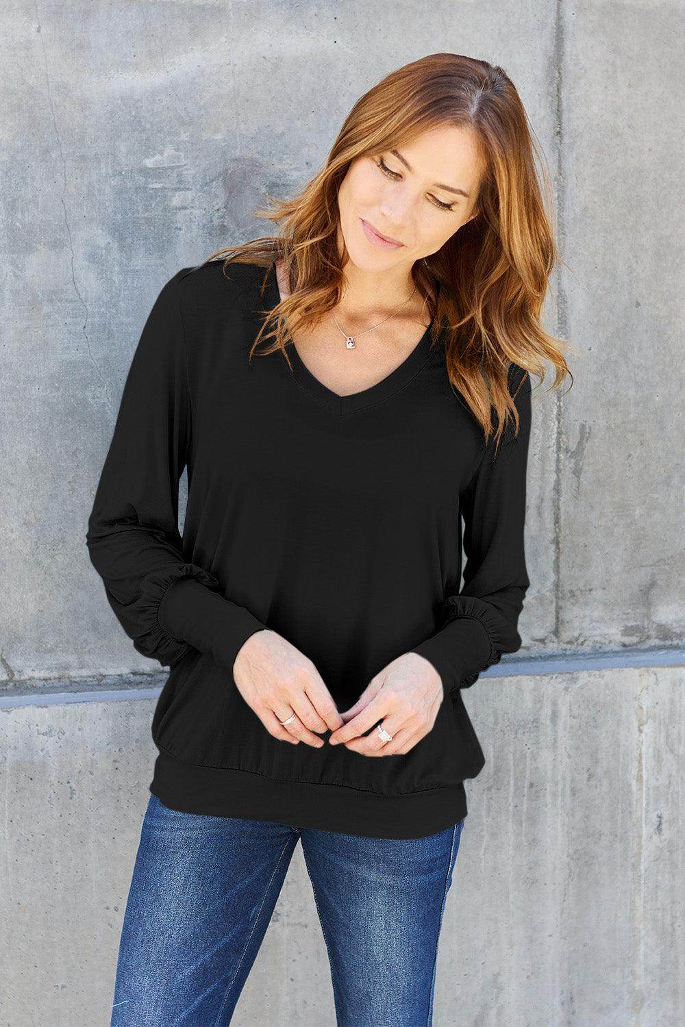 Basic Bae Full Size V-Neck Lantern Sleeve Top for Women - Selvanelle