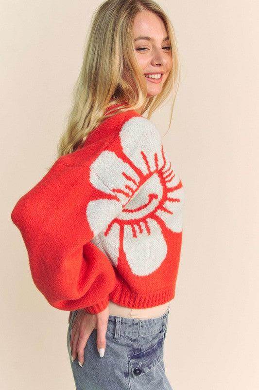 Davi & Dani Flower Contrast Round Neck Long Sleeve Cardigan - Selvanelle