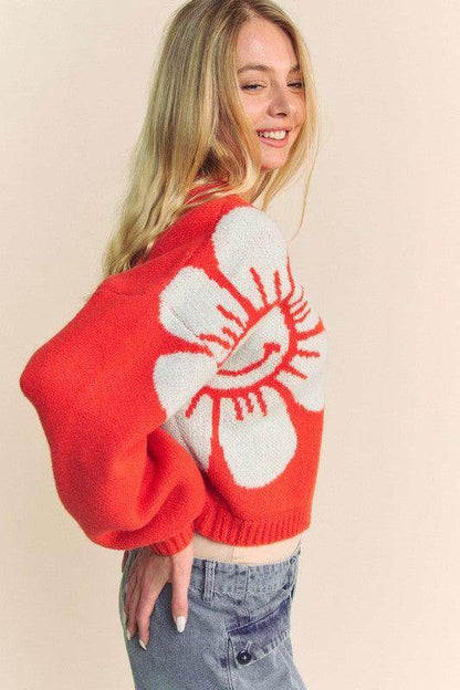 Davi & Dani Flower Contrast Round Neck Long Sleeve Cardigan - Selvanelle