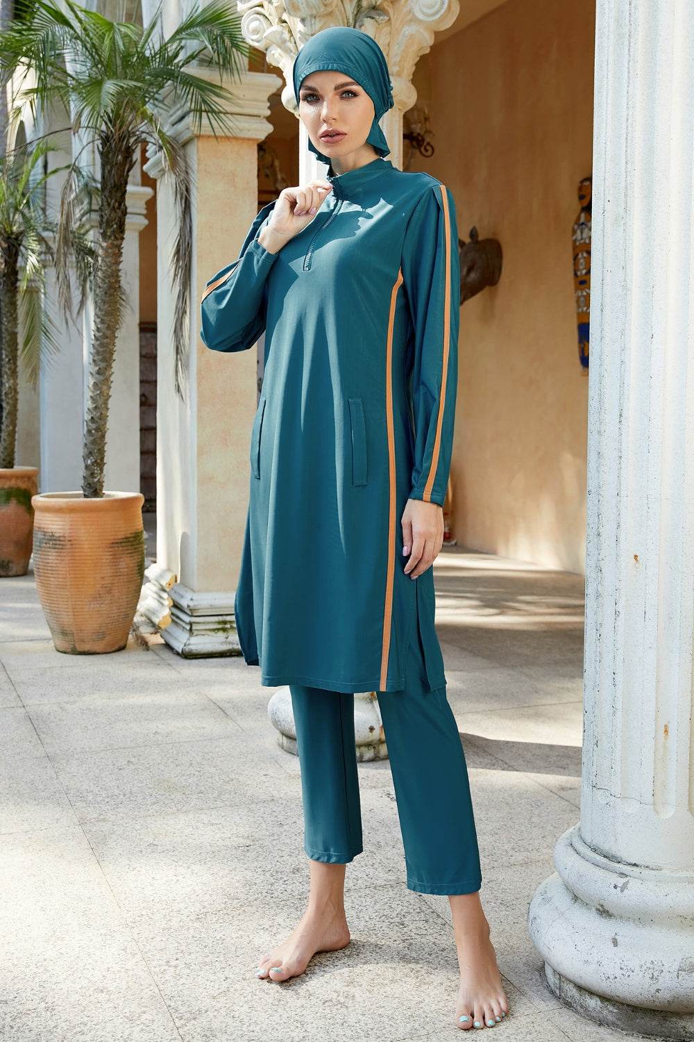 Cap, Quarter Zip Top and Pants Swim Set - Selvanelle