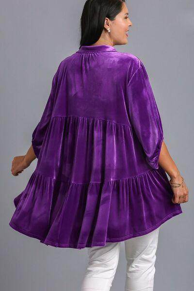 Umgee Full Size Button Down Tiered Back High Low Shirt - Selvanelle