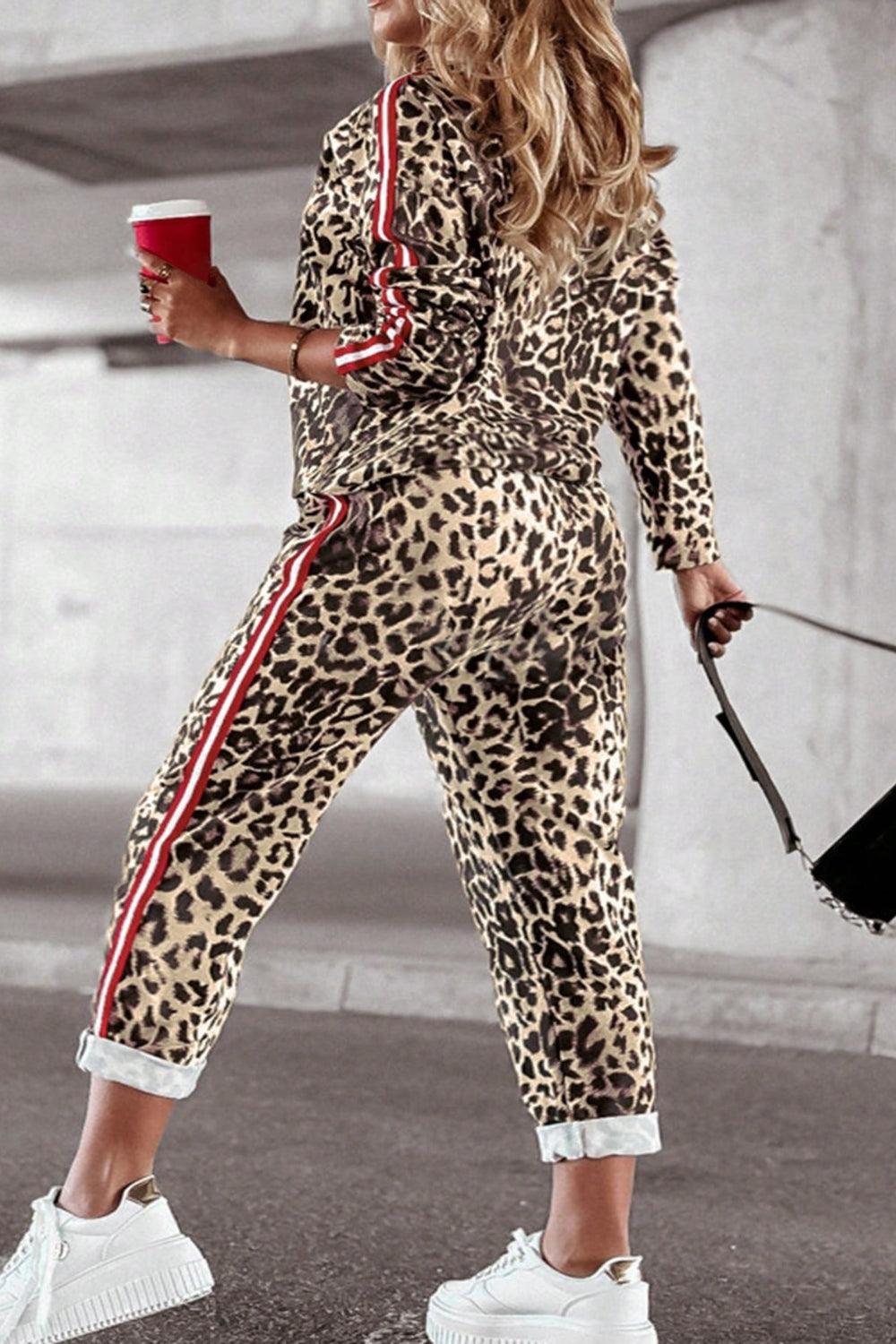 Plus Size Leopard Round Neck Top and Pants Set for Women