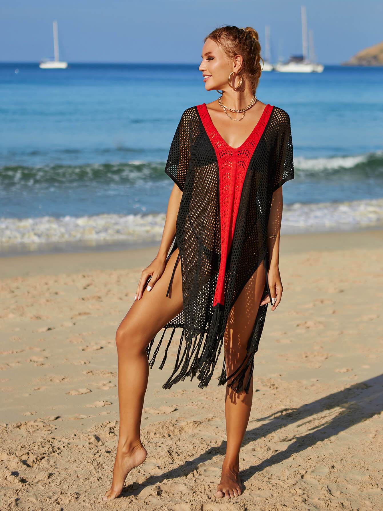 Angel Wings Contrast Fringe Trim Openwork Cover-Up Dress - Selvanelle