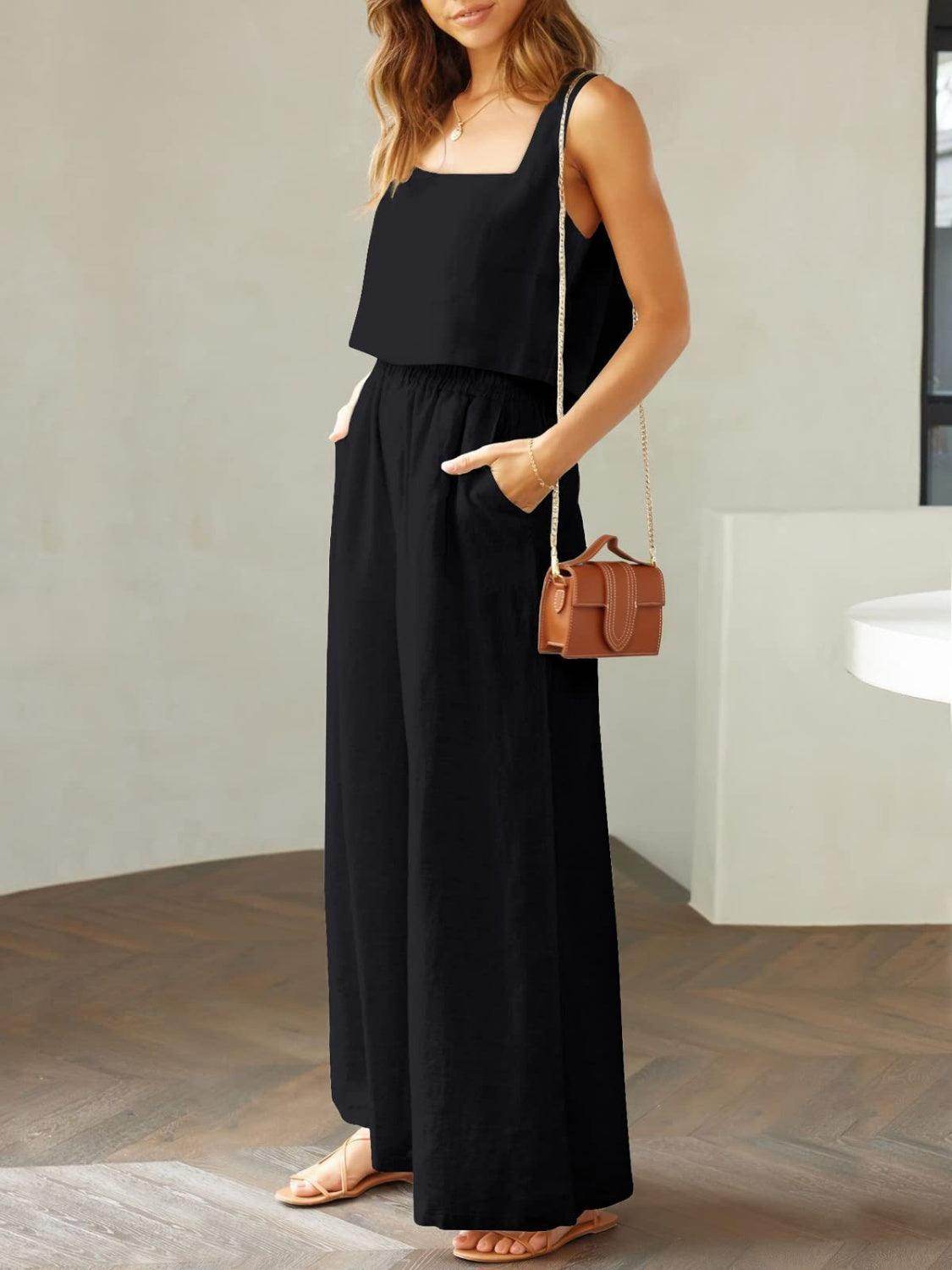Square Neck Top and Wide Leg Pants Set for Women - Selvanelle