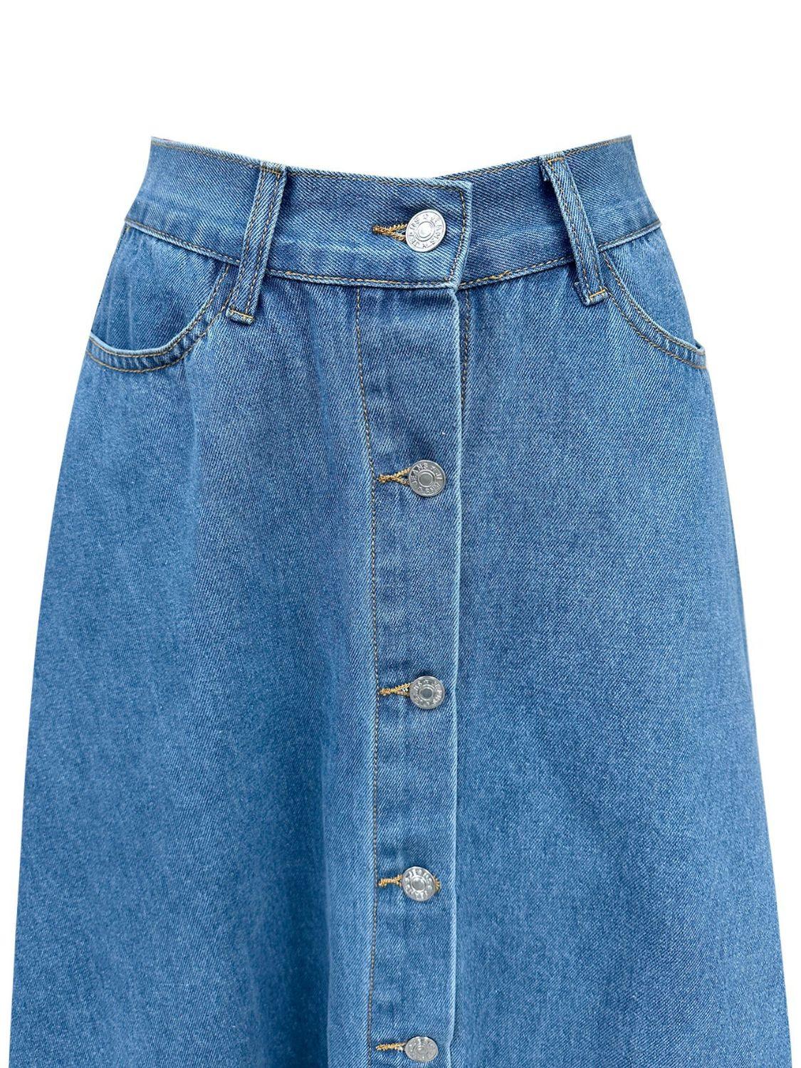 Buttoned Midi Denim Skirt with Pockets for Stylish Comfort