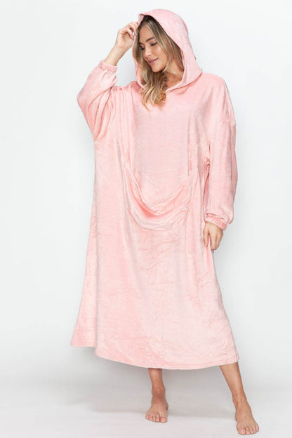 Double Take Full Size Pocketed Hooded Midi Lounge Dress - Selvanelle