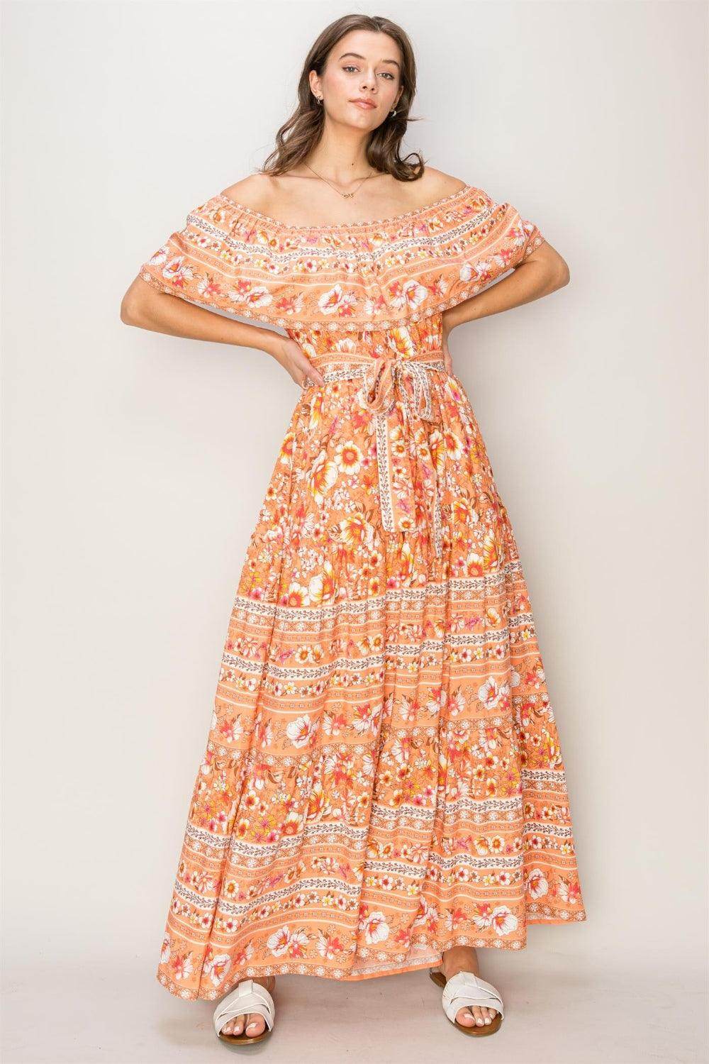 HYFVE Floral Off-Shoulder Tie Front Maxi Dress for Women - Selvanelle
