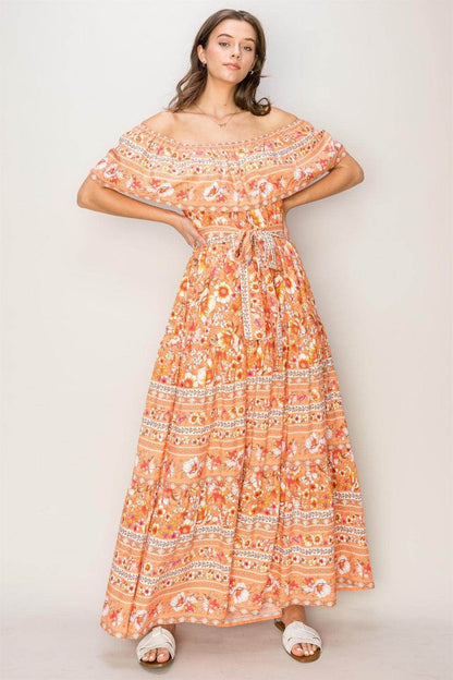 HYFVE Floral Off-Shoulder Tie Front Maxi Dress for Women - Selvanelle
