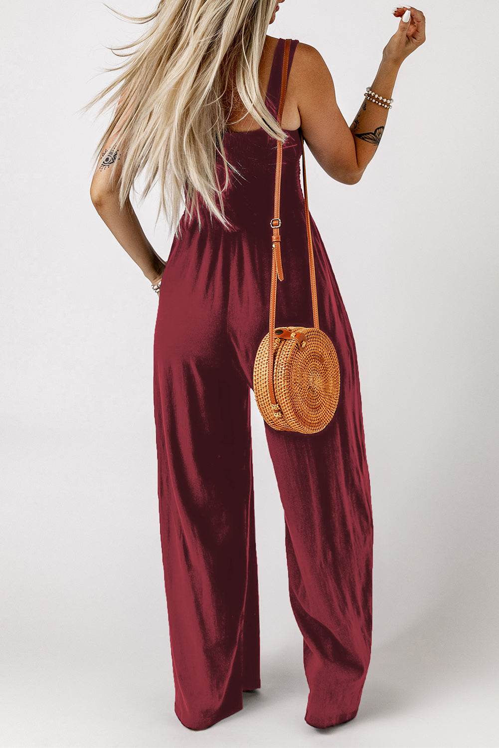 Smocked Square Neck Wide Leg Jumpsuit with Pockets - Selvanelle