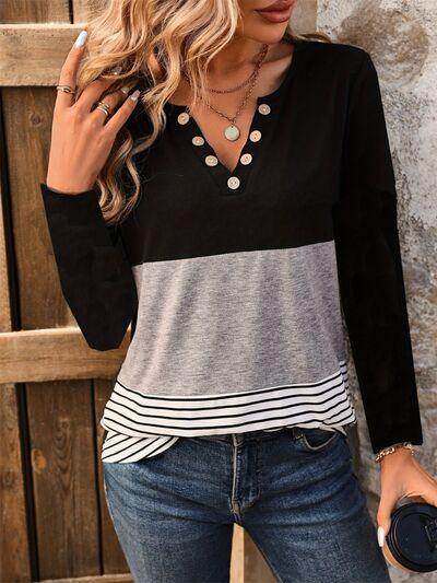 Notched Long Sleeve T-Shirt with Decorative Button Detail - Selvanelle