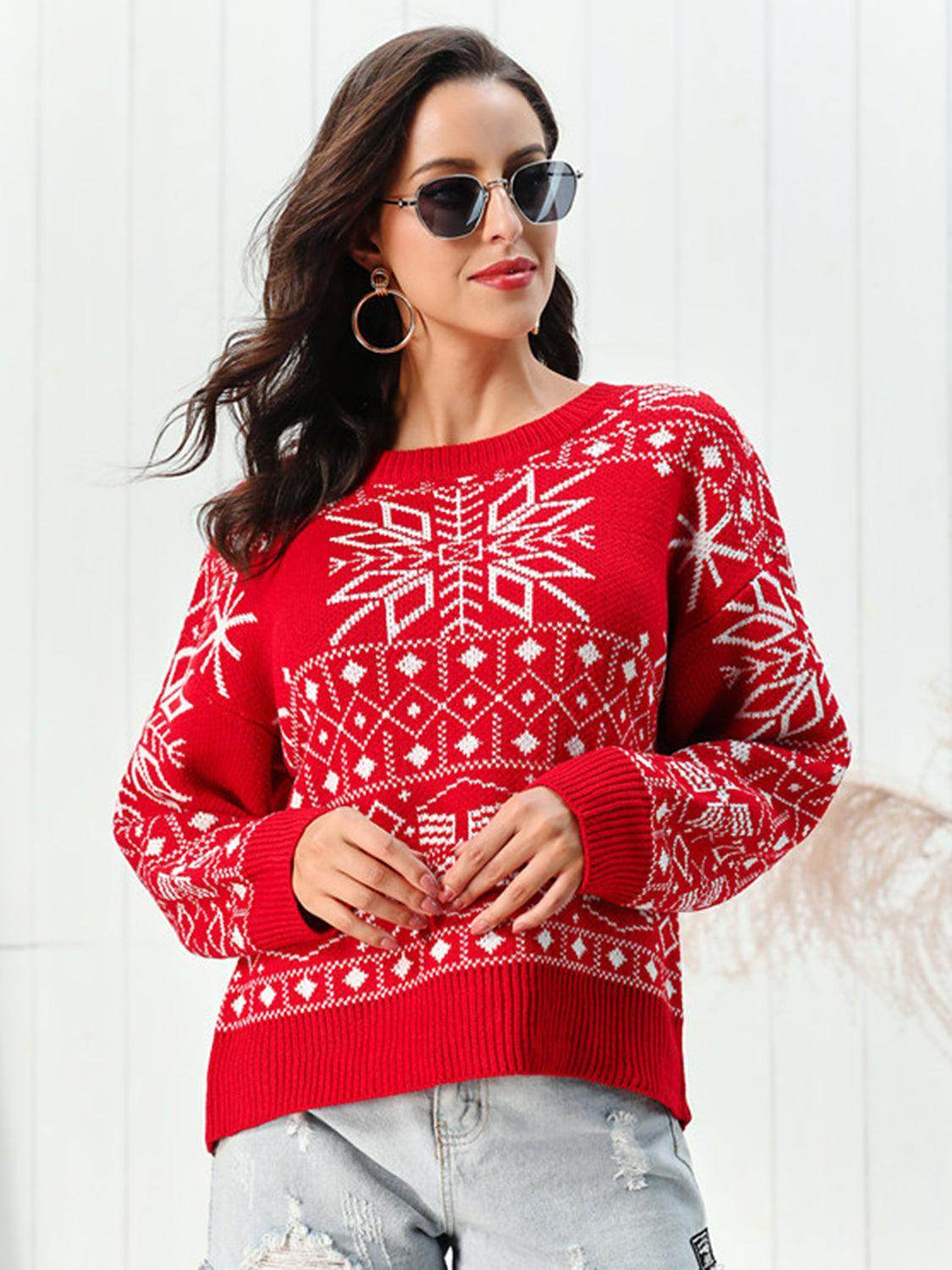 Snowflake Pattern Round Neck Sweater for Cozy Winter Style - Selvanelle