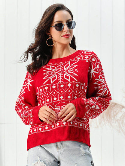 Snowflake Pattern Round Neck Sweater for Cozy Winter Style - Selvanelle