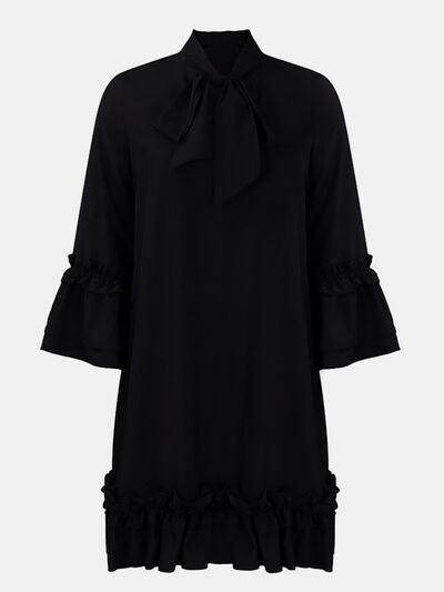 Frill Tie Neck Three-Quarter Sleeve Dress for Women - Selvanelle