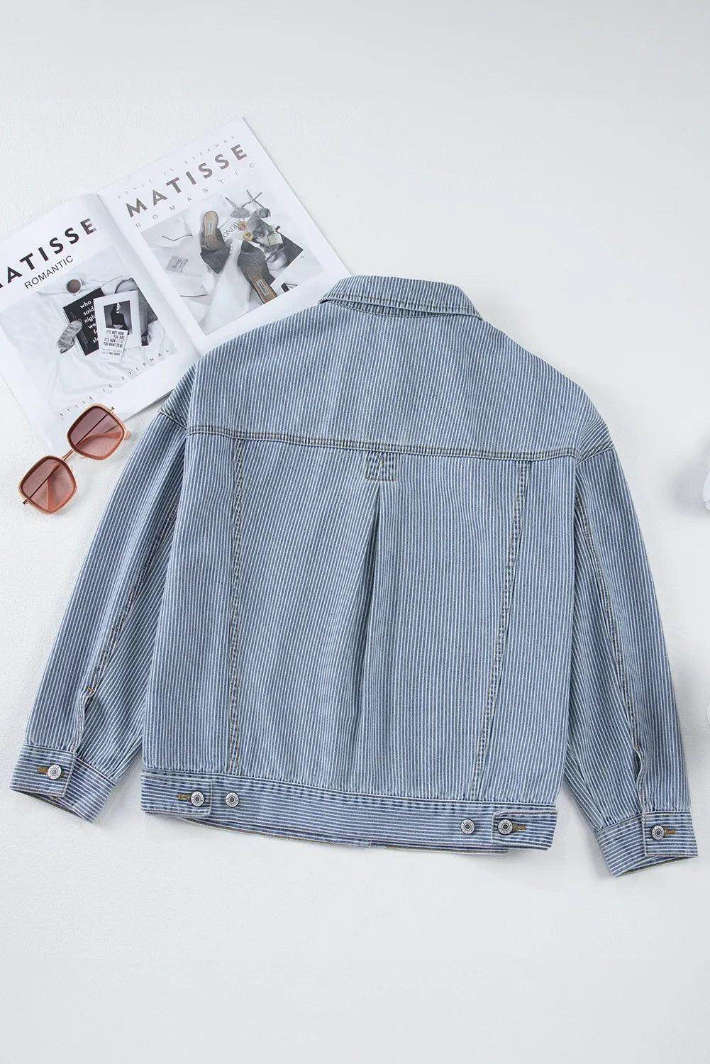 Striped Button Up Long Sleeve Denim Jacket for Women - Selvanelle