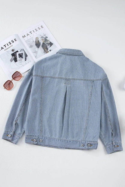 Striped Button Up Long Sleeve Denim Jacket for Women - Selvanelle