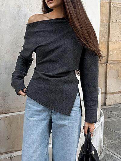 Side Slit One Shoulder Long Sleeve Top for Women - Selvanelle