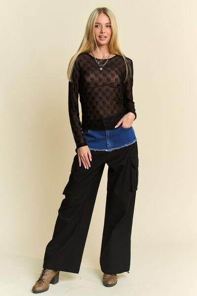 Davi & Dani Bow Mesh Round Neck Long Sleeve Top for Women - Selvanelle