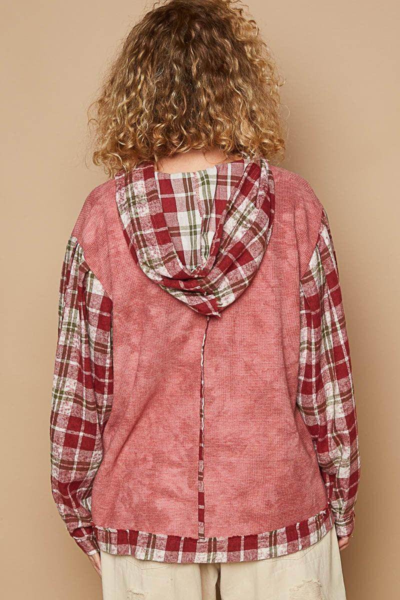 POL Star Patch Plaid Long Sleeve Hooded Top for Women - Selvanelle