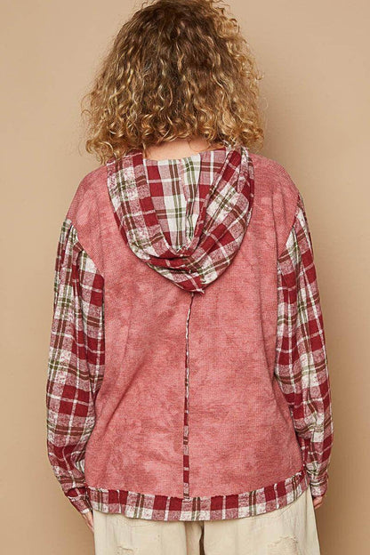 POL Star Patch Plaid Long Sleeve Hooded Top for Women - Selvanelle