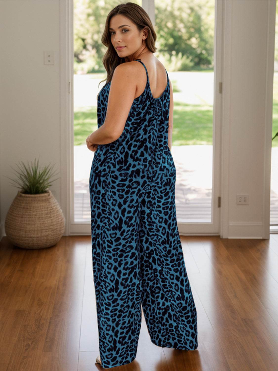 Full Size Leopard Scoop Neck Wide Leg Jumpsuit - Selvanelle
