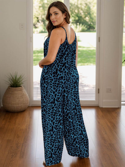 Full Size Leopard Scoop Neck Wide Leg Jumpsuit - Selvanelle