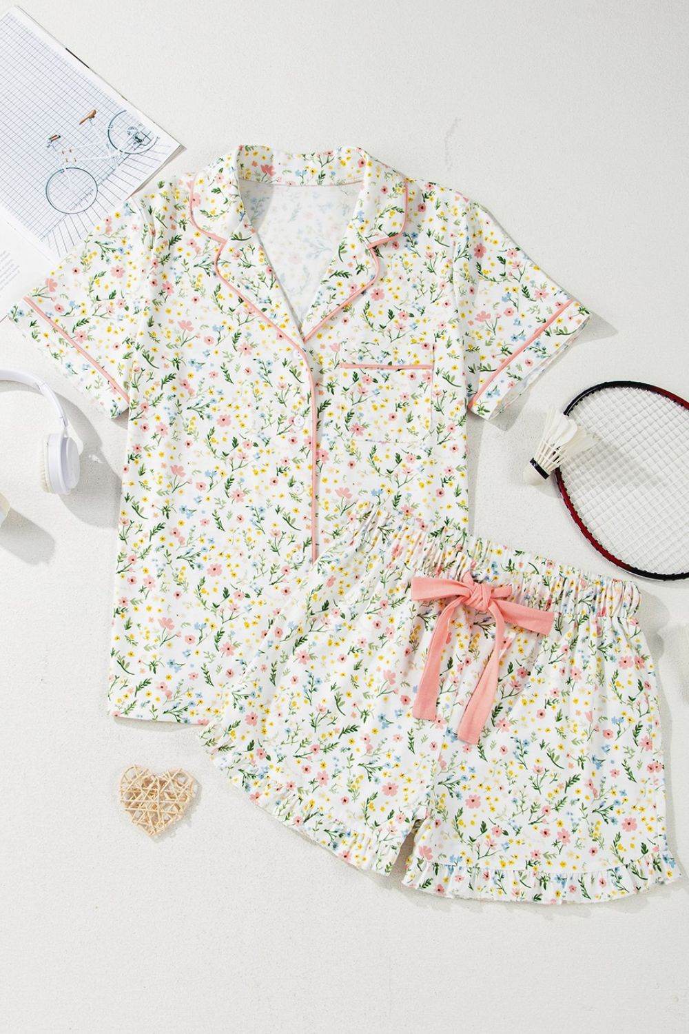 Printed Button Up Short Sleeve Top and Shorts Lounge Set - Selvanelle