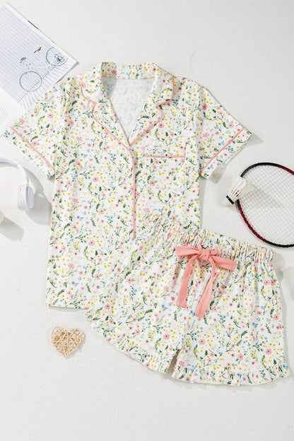 Printed Button Up Short Sleeve Top and Shorts Lounge Set - Selvanelle