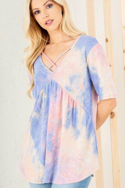 Heimish Full Size Crisscross Tie Dye Babydoll Top Plus Size - Selvanelle