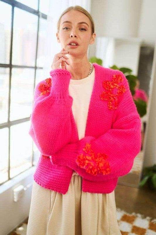 Davi & Dani Floral Applique Open Front Drop Shoulder Cardigan - Selvanelle