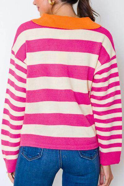 Contrast Stripes Johnny Collar Long Sleeve Sweater for Women - Selvanelle
