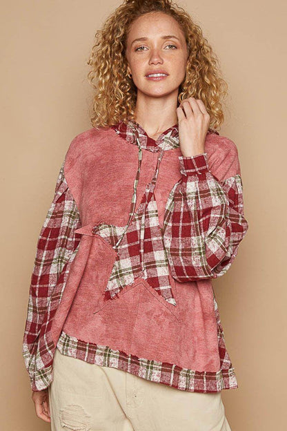 POL Star Patch Plaid Long Sleeve Hooded Top for Women - Selvanelle