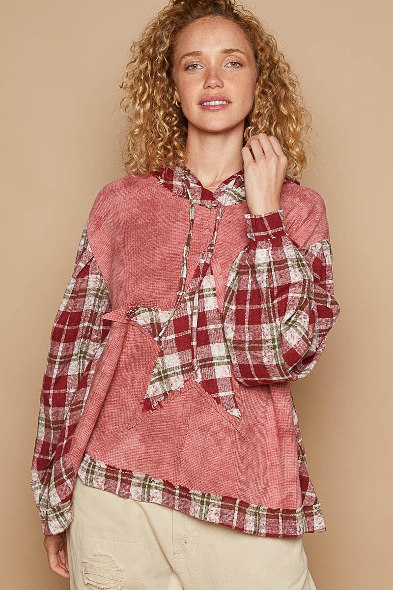 POL Star Patch Plaid Long Sleeve Hooded Top for Women