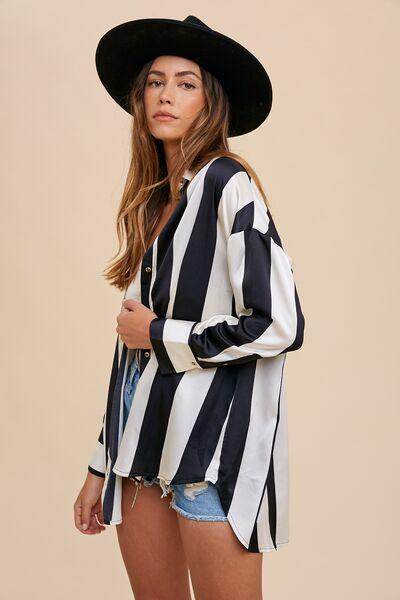 Annie Wear Striped Dropped Shoulder Button Up Shirt for Women - Selvanelle