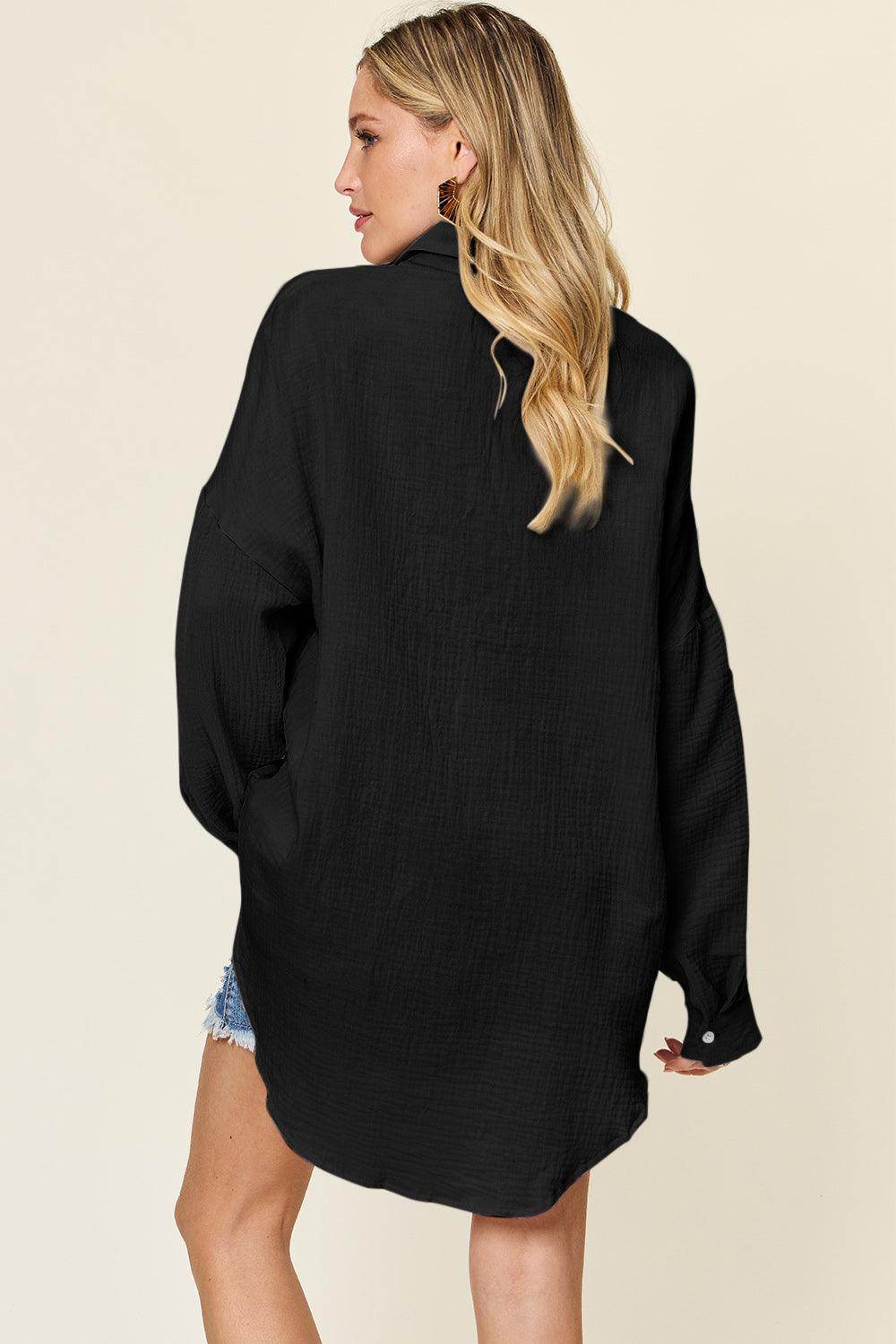 Double Take Full Size Pocketed Texture Button Up Shirt - Selvanelle