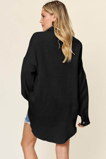 Double Take Full Size Pocketed Texture Button Up Shirt - Selvanelle