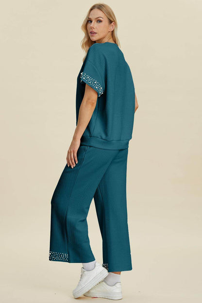 Double Take Full Size Pearl Detail Round Neck Top Pants Set - Selvanelle