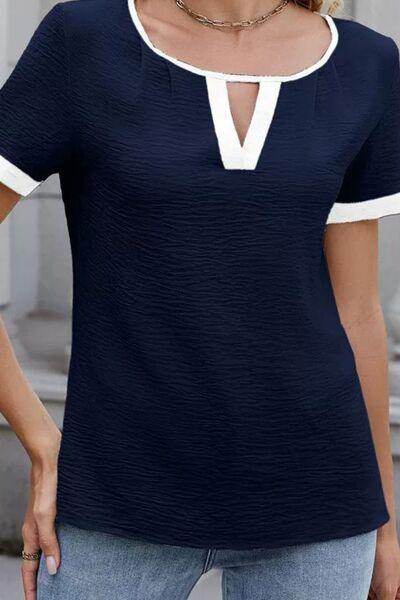 Cutout Round Neck Short Sleeve Blouse for Women Fashion - Selvanelle