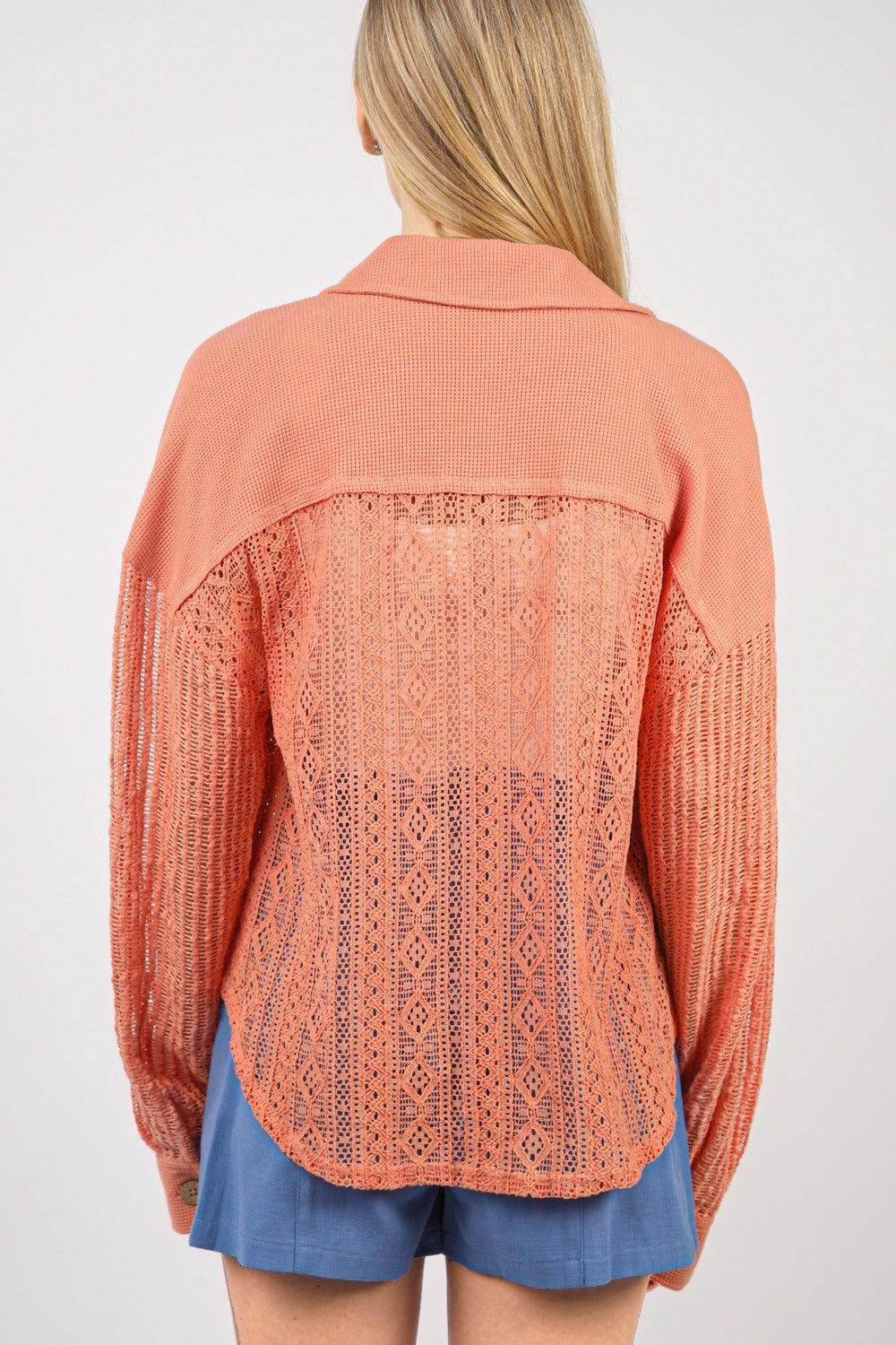 Very J Button Up Long Sleeve Lace Shirt for Women - Selvanelle