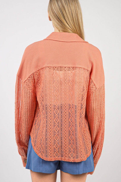 Very J Button Up Long Sleeve Lace Shirt for Women - Selvanelle