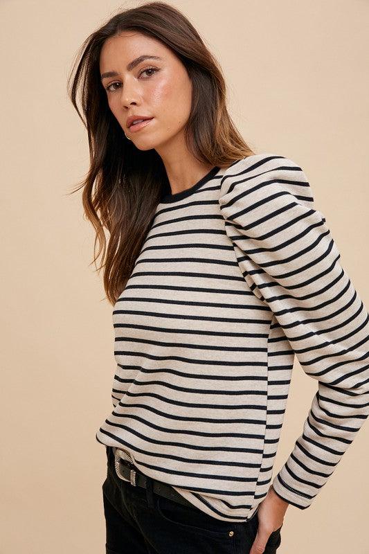 Annie Wear Striped Round Neck Puff Sleeve Top for Women