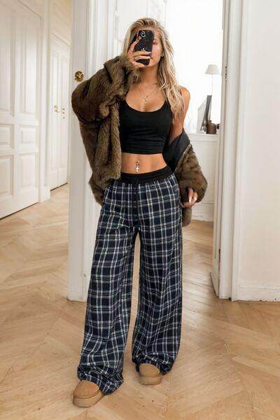 Plaid Wide Leg Pants with Drawstring and Sheer Style - Selvanelle